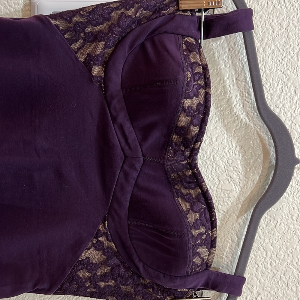 Moda Int’l Halter Dress in Eggplant with contrasting cream color under lace.